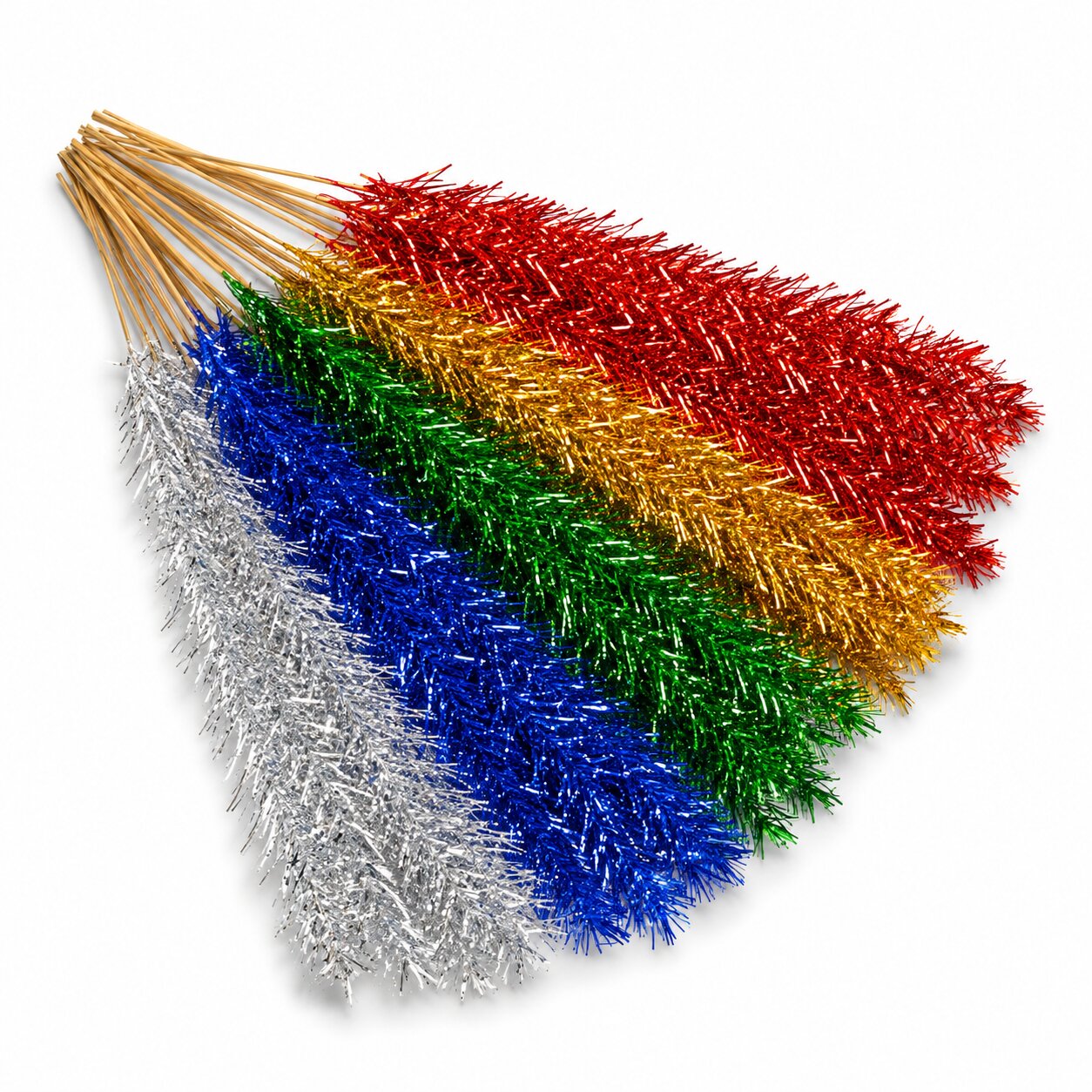 Set of colorful tinsel sticks in red, blue, green, and gold on a white background