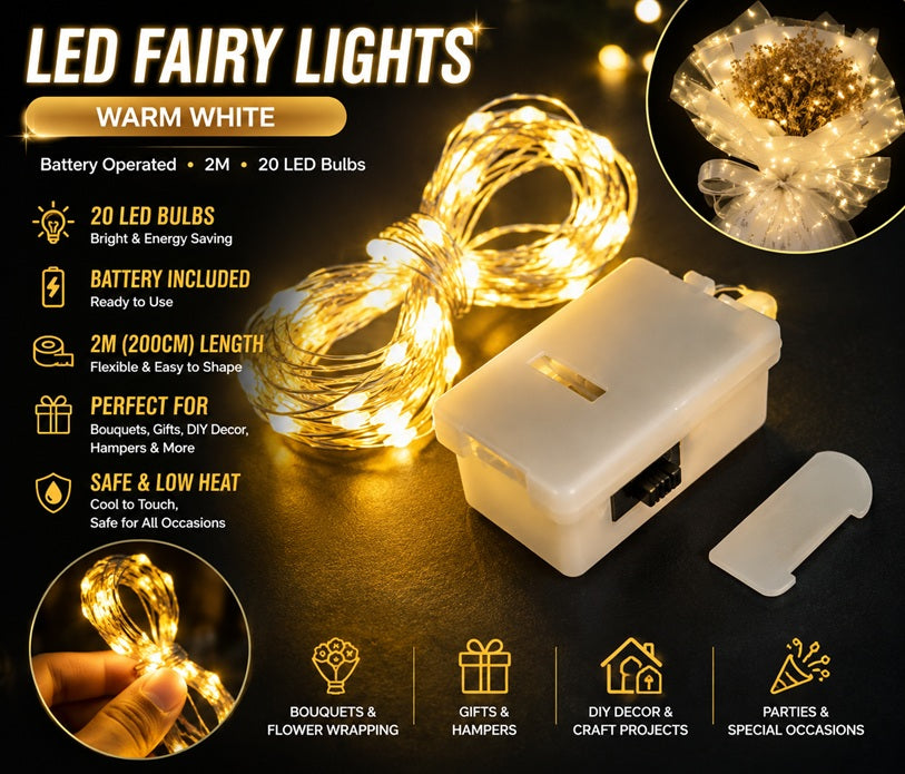 Alton Flowers LED fairy lights for bouquets and decorations, 2M length with 20 warm white and multi-color bulbs, battery operated
