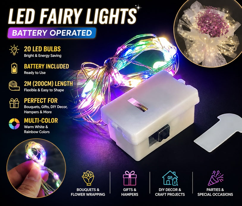 Alton Flowers LED fairy lights for bouquets, 2-meter length with 20 warm white and multicolor bulbs, battery operated decorative lights