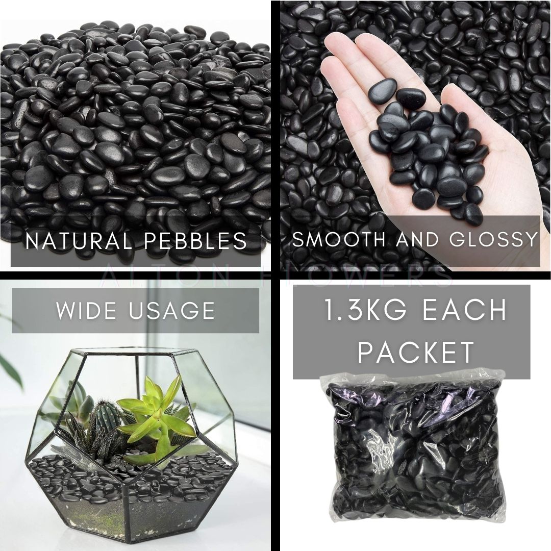 Small black decorative pebbles from Alton Flowers for plant arrangements, garden decor, and home decoration.