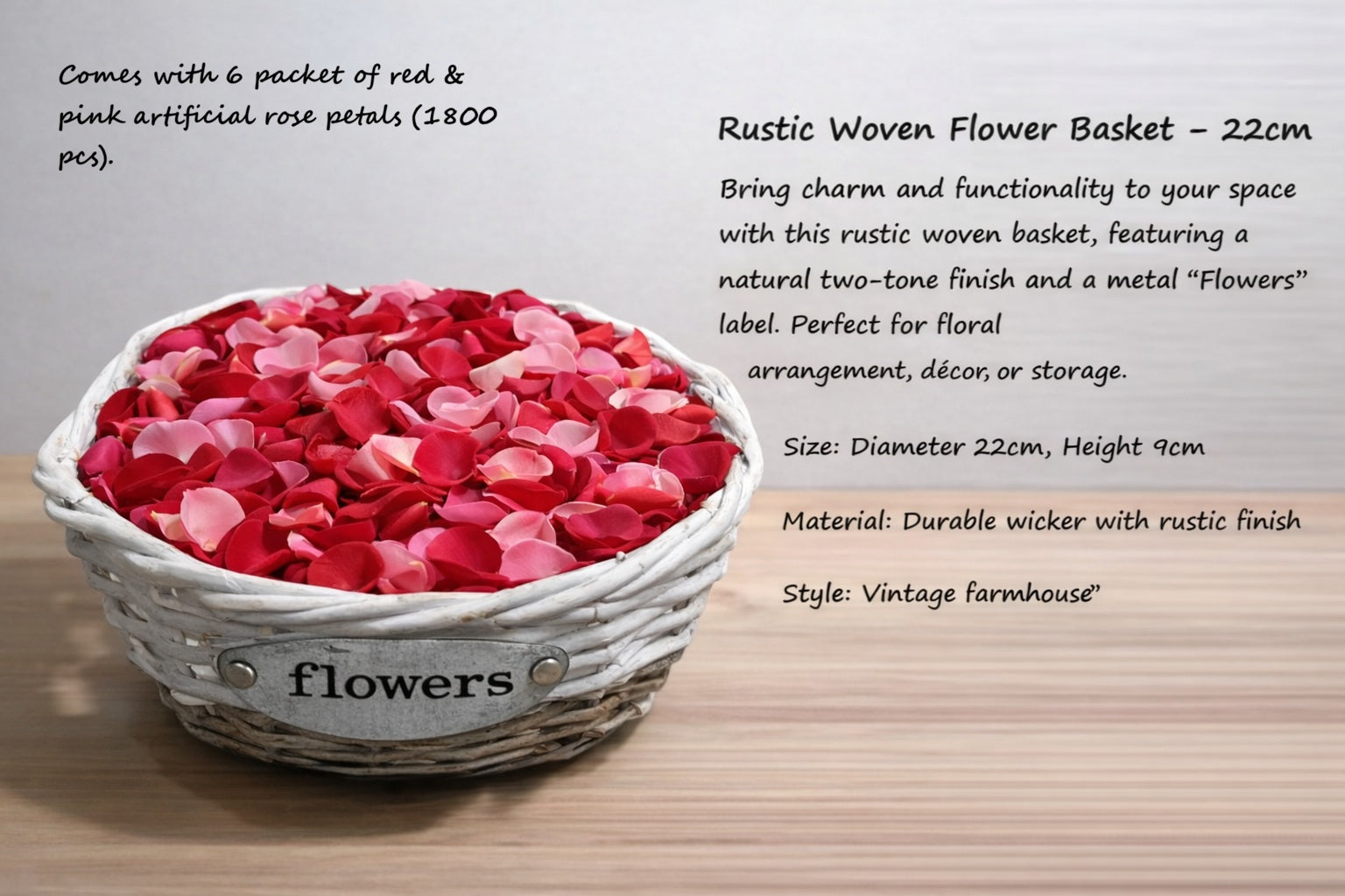 9cm Vintage Basket with 6 pkts of Artificial Rose Petals (1800 pcs) Aacc190-10