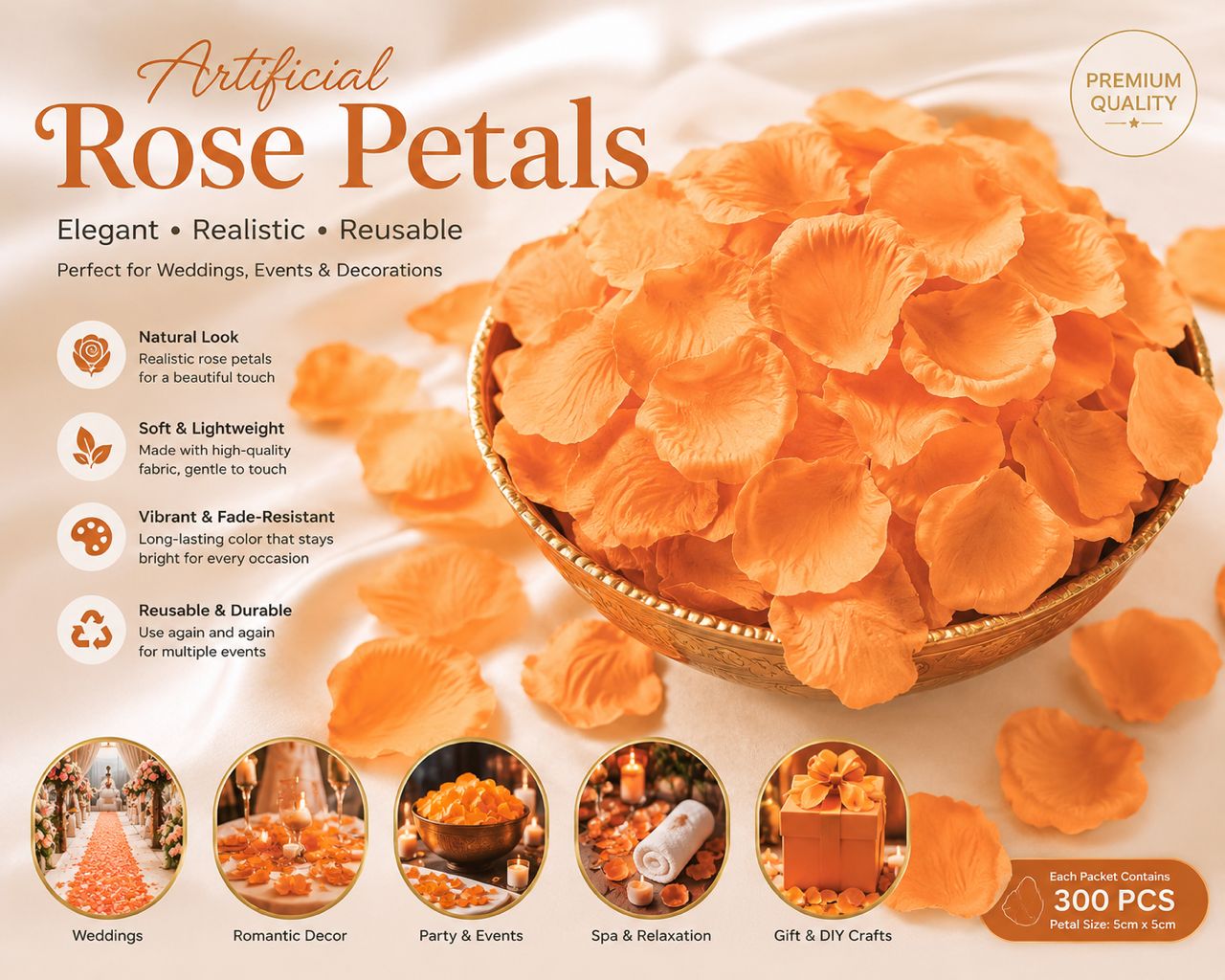 Artificial orange rose petal arrangement for wedding and event décor by Alton Flowers, showcasing vibrant flower petals.
