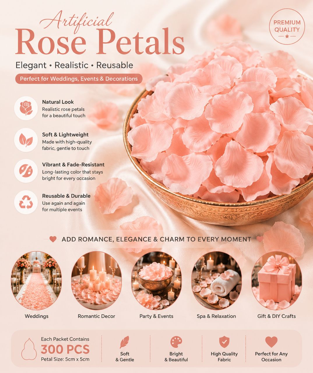 Artificial rose flower petals in salmon color, perfect for wedding and event decor by Alton Flowers.