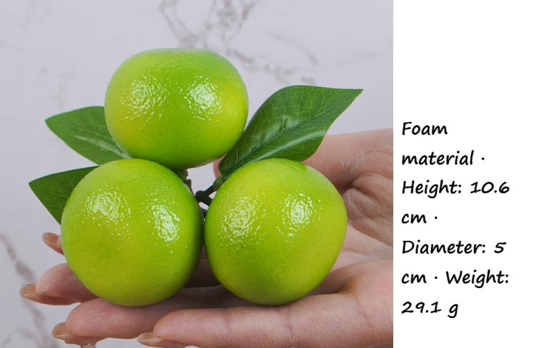 3 Pcs artificial green limes mini oranges with leaves for home decor.