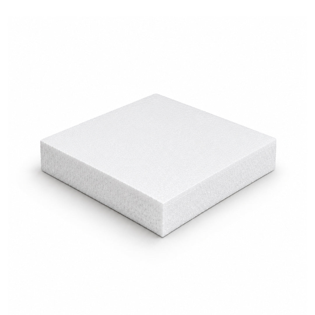 An 8x8 inch square by 1 inch thick slim white styrofoam polyfoam block on a clean background.