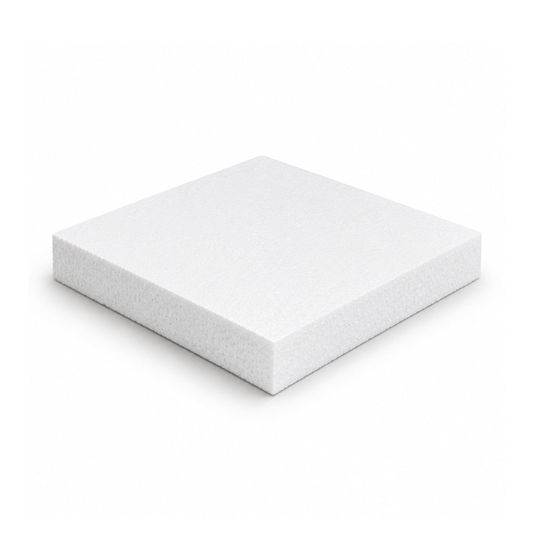 A 9x9 inch square by 1 inch thick slim white styrofoam polyfoam block on a clean background.