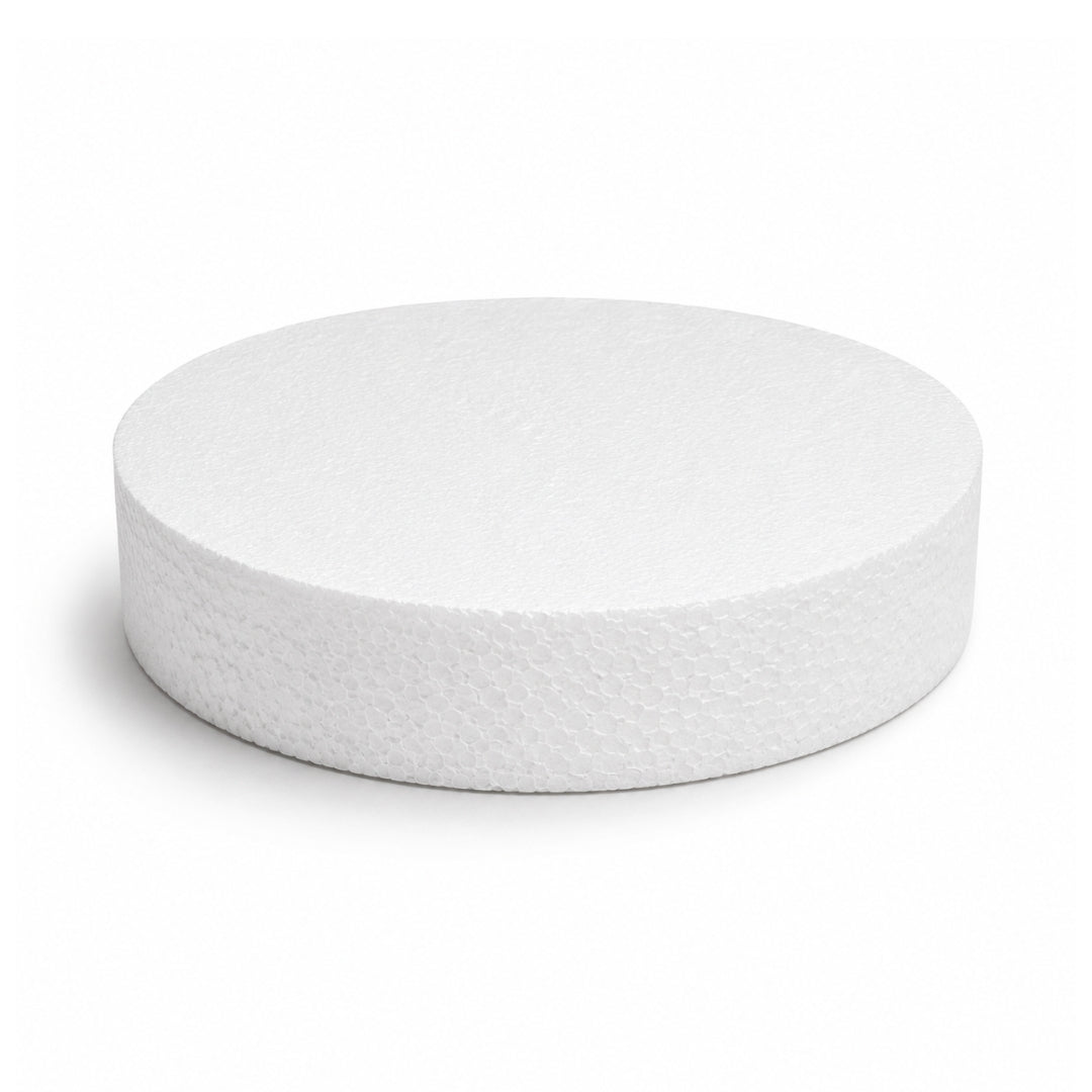 A 9 inch round by 2 inch thick solid white circular styrofoam polyfoam disc on a clean background.