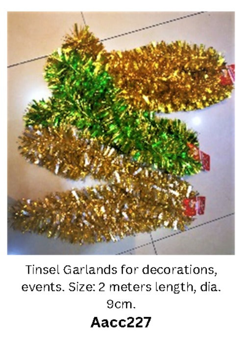 Four green Alton Flowers Garland Tinsel strands, 2 meters long with 9cm diameter, ideal for seasonal and event decorations.