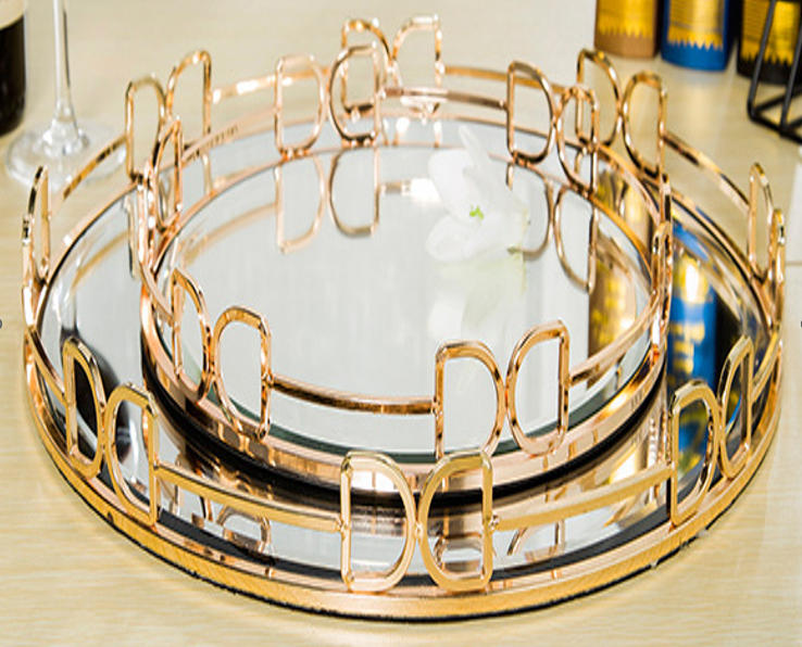 【SG】Decorative Mirror Tray Glass Display Tray Golden Jewelry Tray, Wedding, Events Aacc319