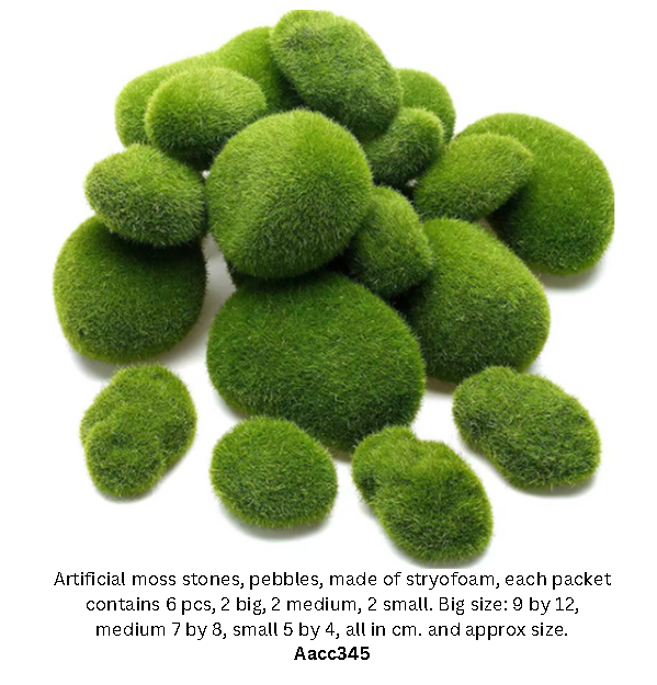 Artificial moss pebbles from Alton Flowers for garden decoration, featuring stone-like appearance with flowers and plants.
