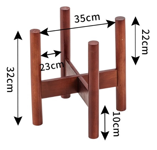 Adjustable wooden plant stand with tapered legs featuring dimensions of 35cm (width), 32cm (height), 23cm (adjustable inner width), and 10cm (leg height), suitable for indoor pot display.