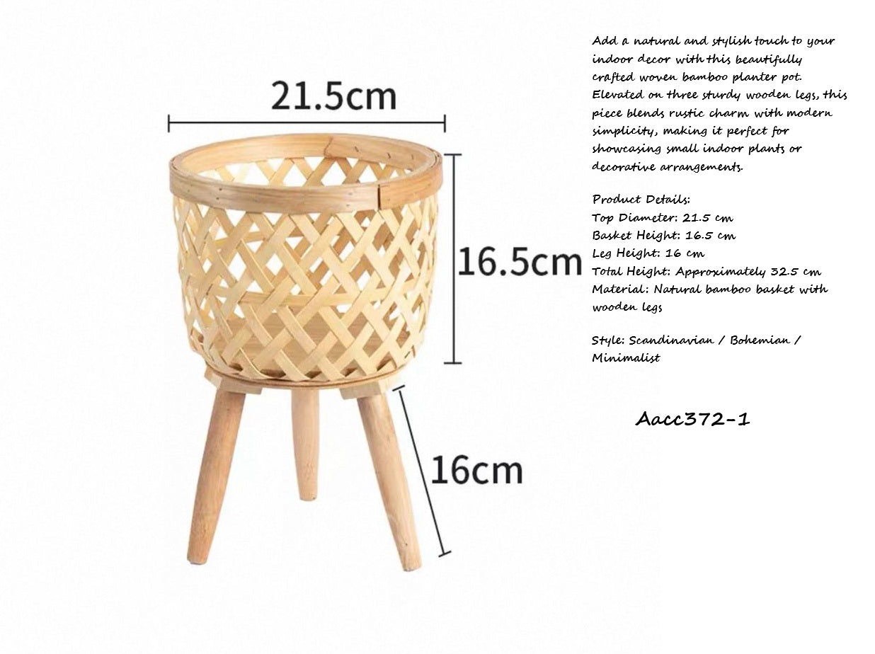 Small woven bamboo planter basket on three tapered wooden legs, suitable for indoor plant display or home decor.