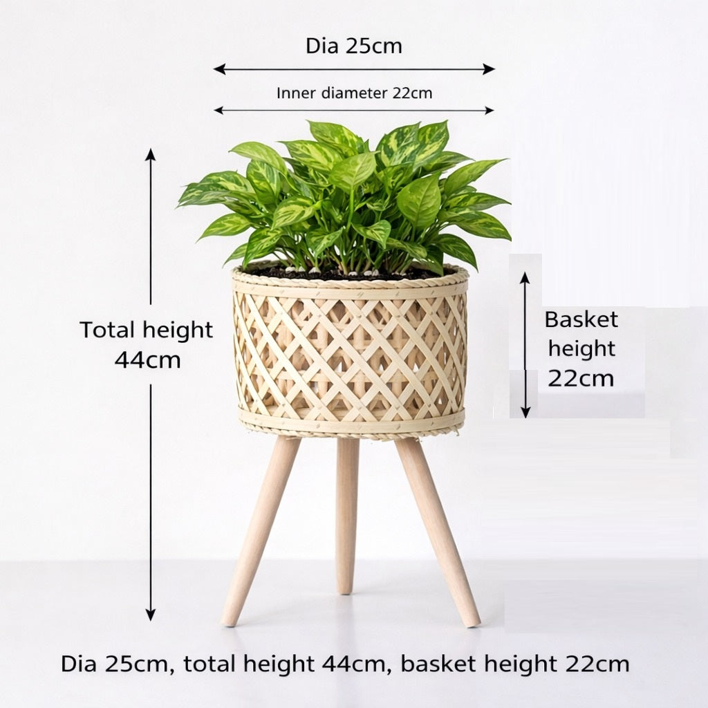 32.5cm-43.5cm Rustic Bamboo Woven Planter with Wooden Stand – Scandinavian Boho Indoor Plant Pot Aacc372 - Alton Flowers