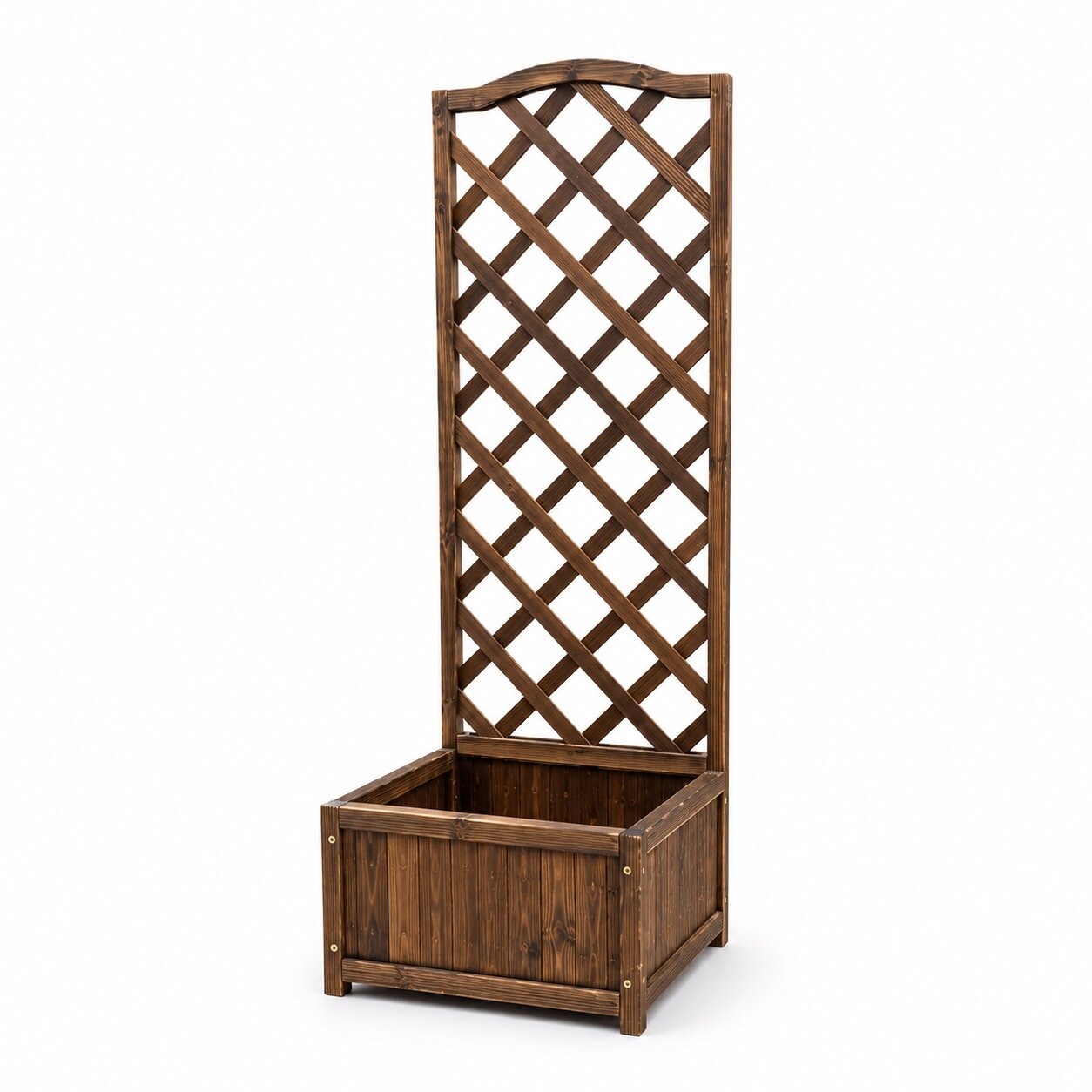 Large carbonized wooden garden trellis with integrated planter box by Alton Flowers, ideal for supporting climbing plants.