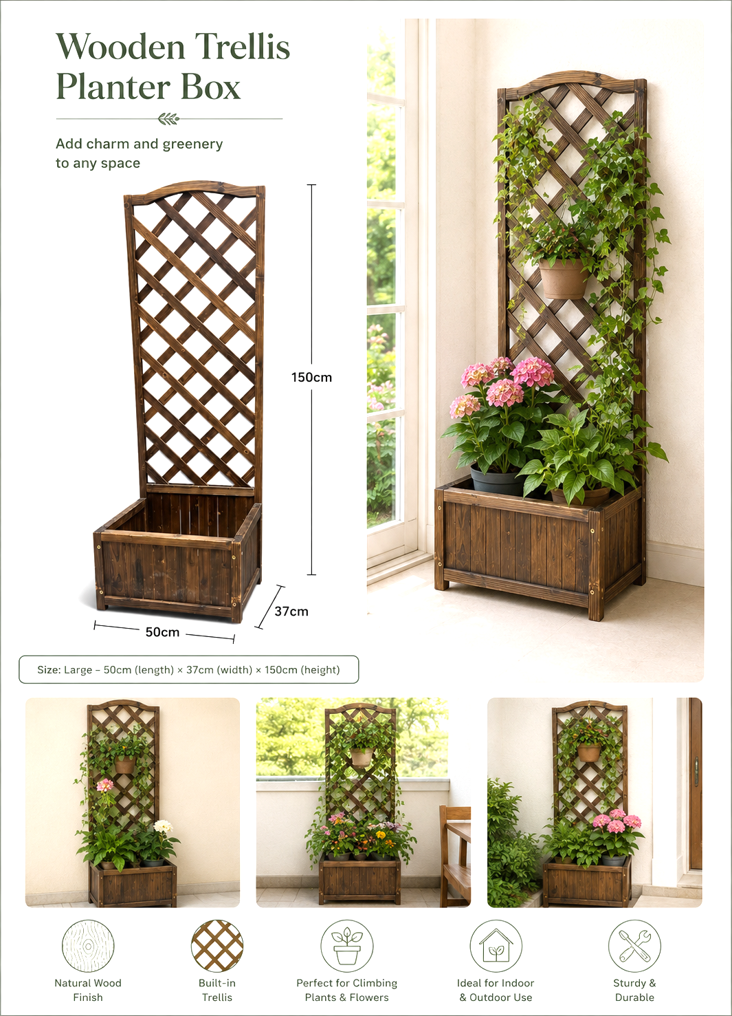 Large carbonized wooden garden trellis with built-in planter box by Alton Flowers, featuring a sturdy, thickened design for outdoor use.