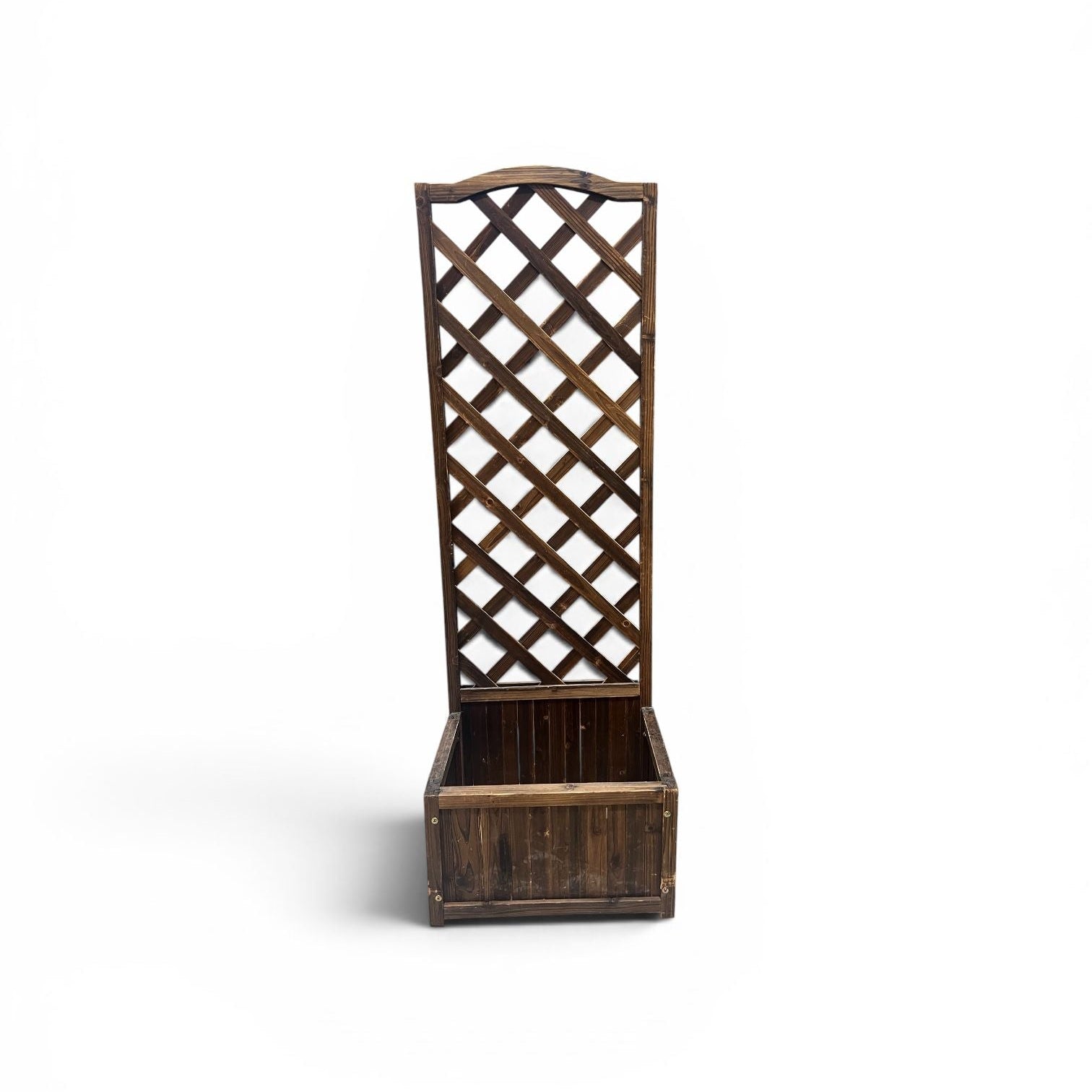 Large carbonized wooden garden trellis with planter box by Alton Flowers, showcasing a natural wood finish and sturdy structure.