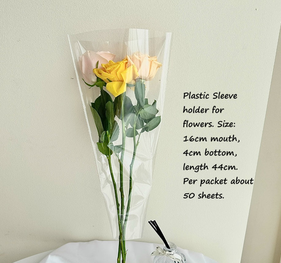 Plastic flower sleeve holder by Alton Flowers N Gifts, 16cm size, transparent sleeve for floral arrangements.
