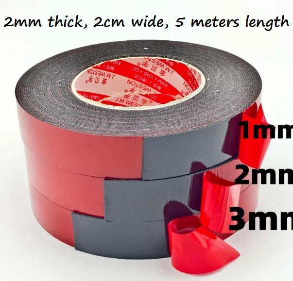 Double-sided red foam tape rolls, 2mm thick by 2cm wide, 5 meters length, by JM Weston.