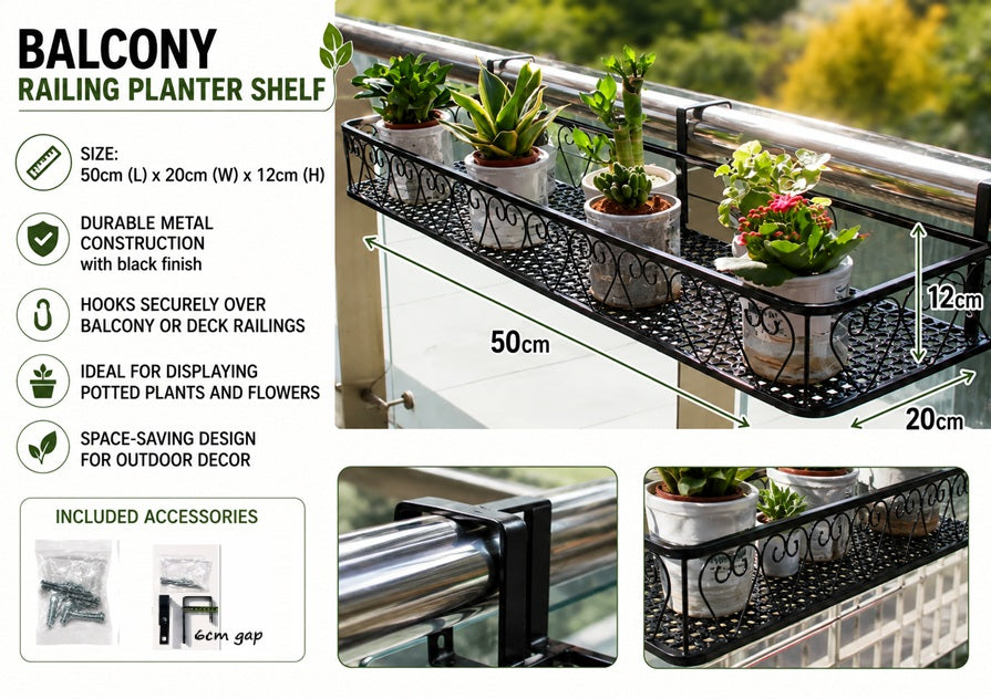12cm Height Balcony Railing Planter Shelf for Plants Flowers Pot