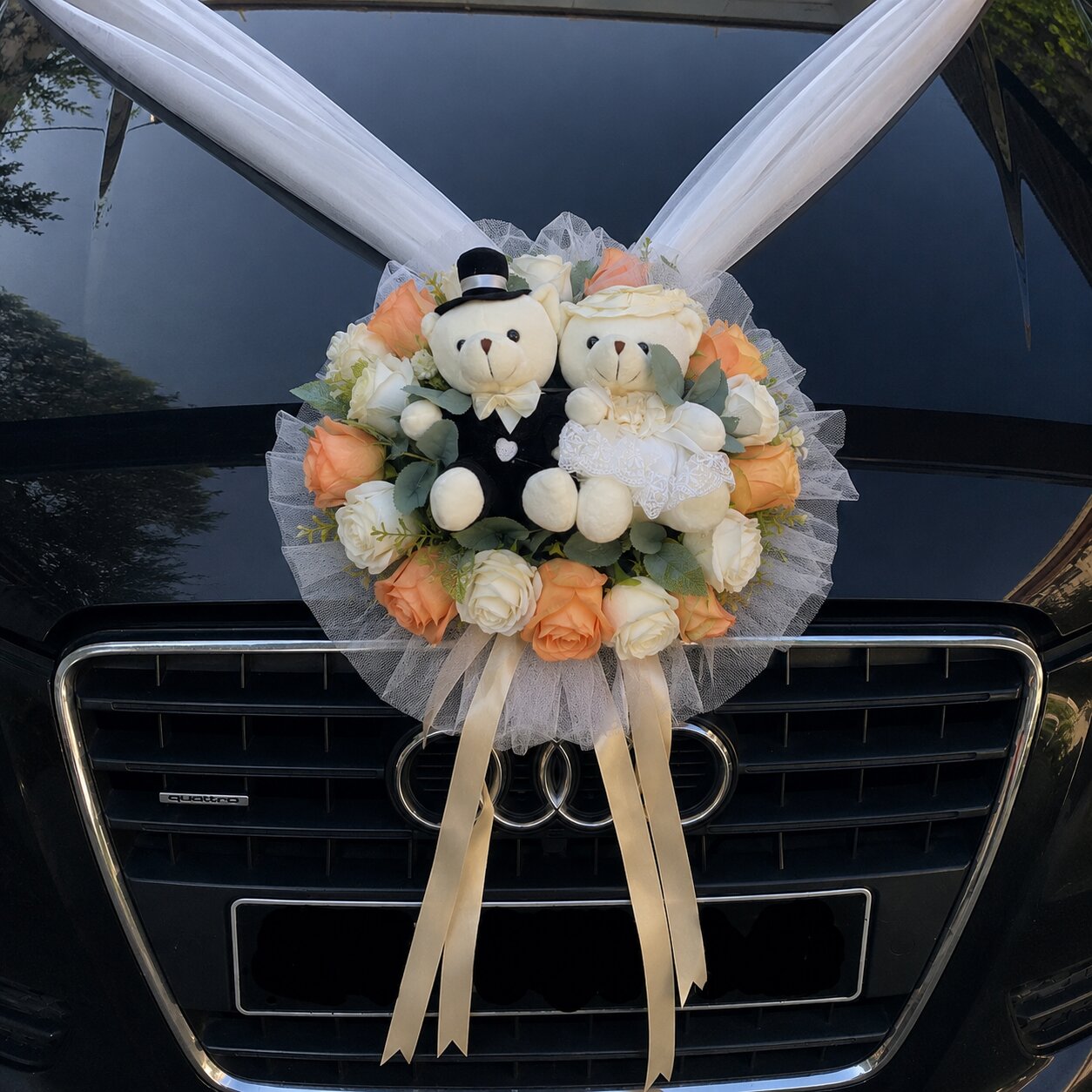 Handcrafted Bridal Wedding Car Decorations Front Bonnet Flowers Ribbon Flower Floral Silk Artificial Bouquet Centerpiece