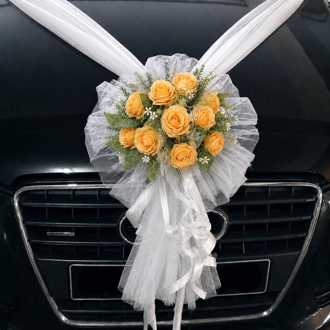 Handcrafted Bridal Wedding Car Decorations Front Bonnet Flowers Ribbon Flower Floral Silk Artificial Bouquet Centerpiece Acar011