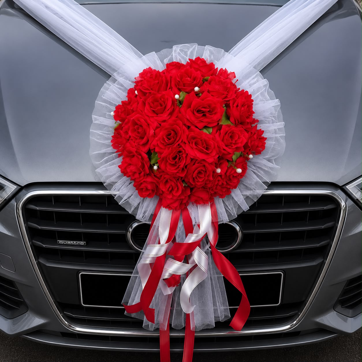 Handcrafted Bridal Wedding Car Decorations Front Bonnet Flowers Ribbon Flower Floral Silk Artificial Bouquet Centerpiece
