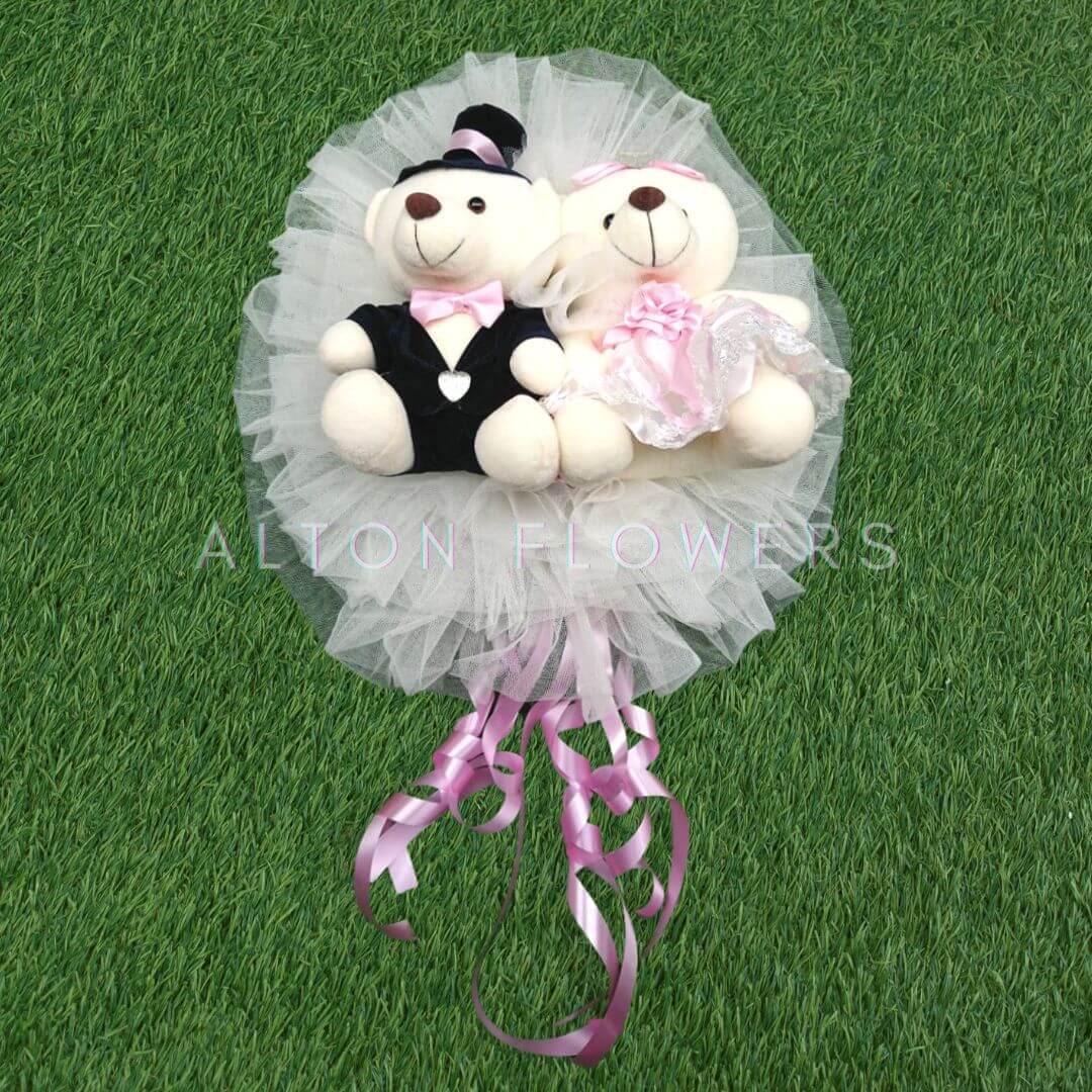 Alton Flowers plush wedding car decoration with a bridal plushie and floral accents for wedding car decor.