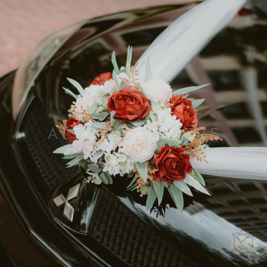 Splendour Wedding Car Flowers by Alton Flowers, modern bonnet bouquet without netting, featuring fresh floral arrangements on a car bonnet.