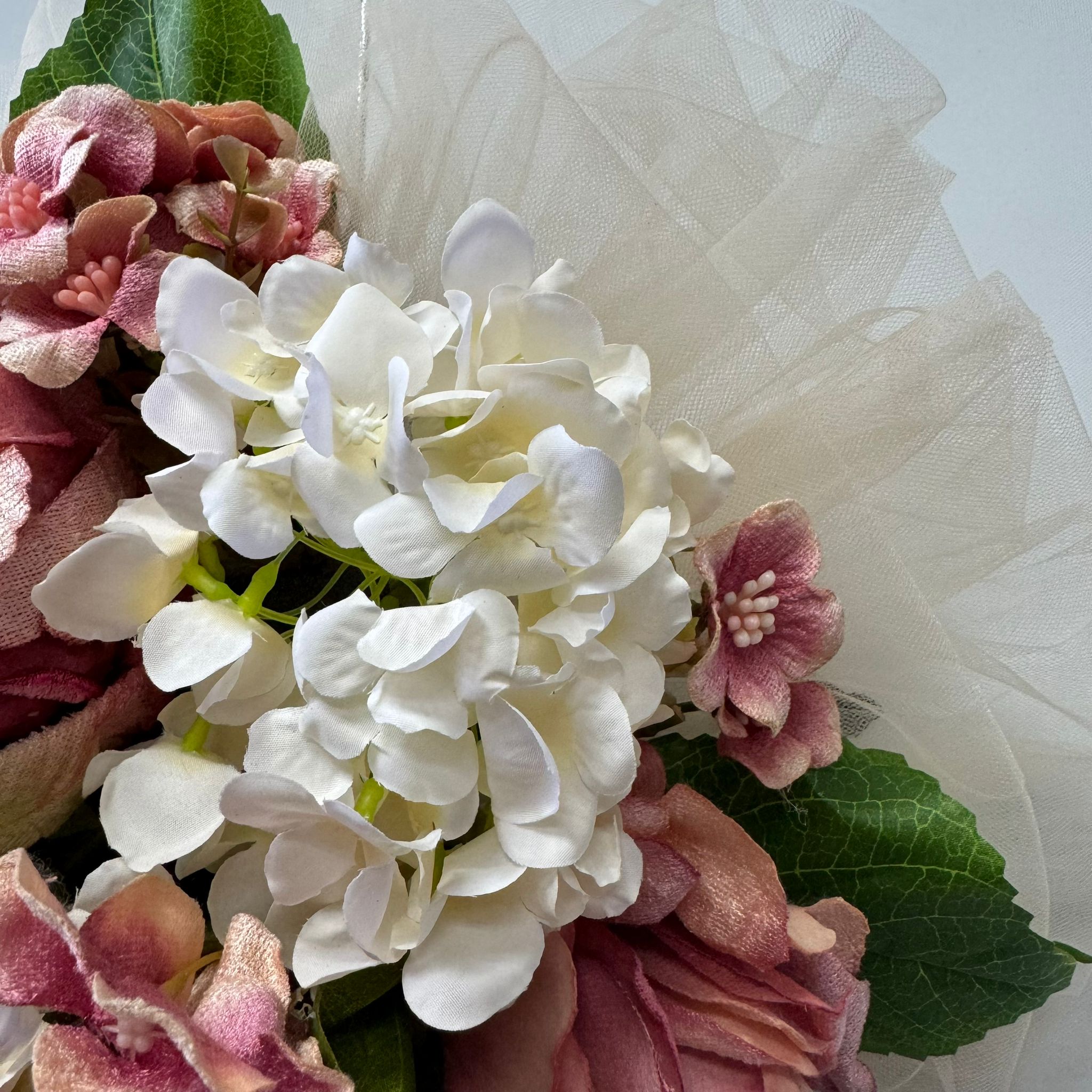 Silk Pink Roses and Cream Hydrangeas Handcrafted Bridal Wedding Car Decoration for Front Bonnet Acar038
