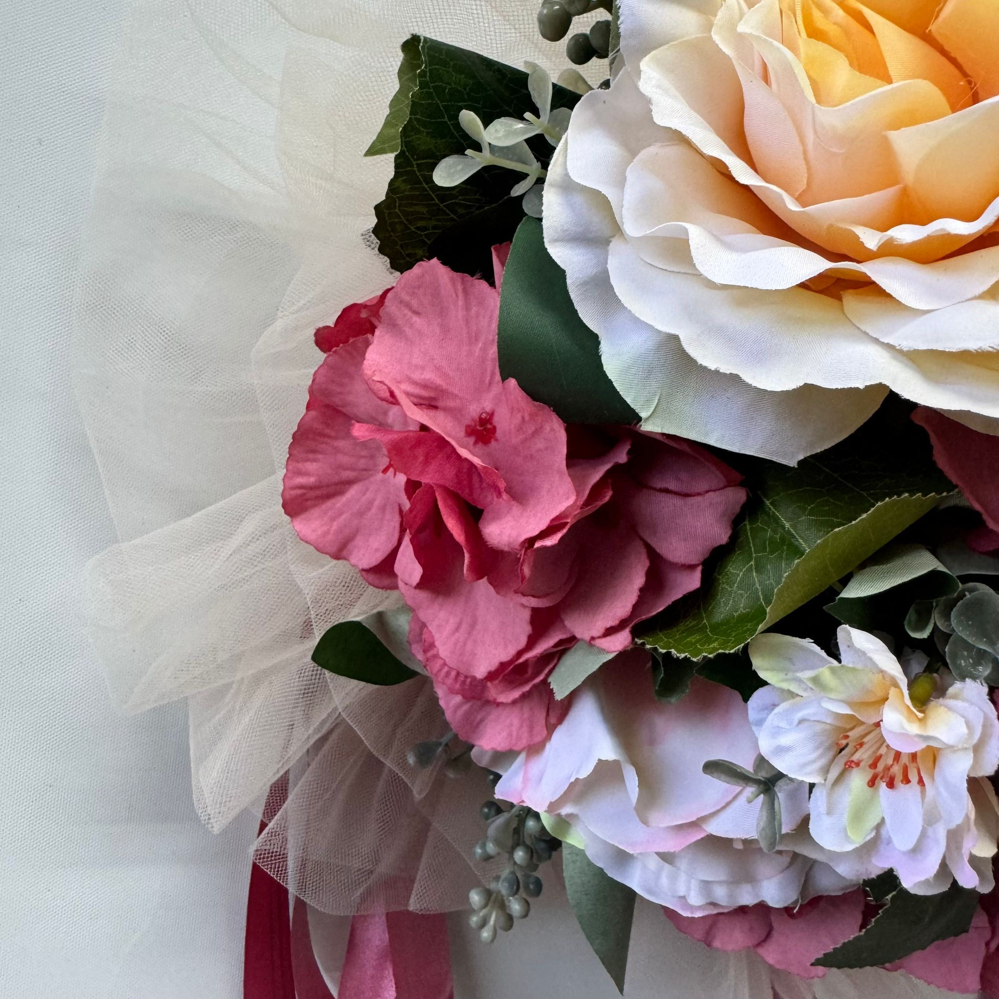 Silk Champagne Roses and Pink Hydrangeas Handcrafted Bridal Wedding Car Decoration for Front Bonnet Acar039