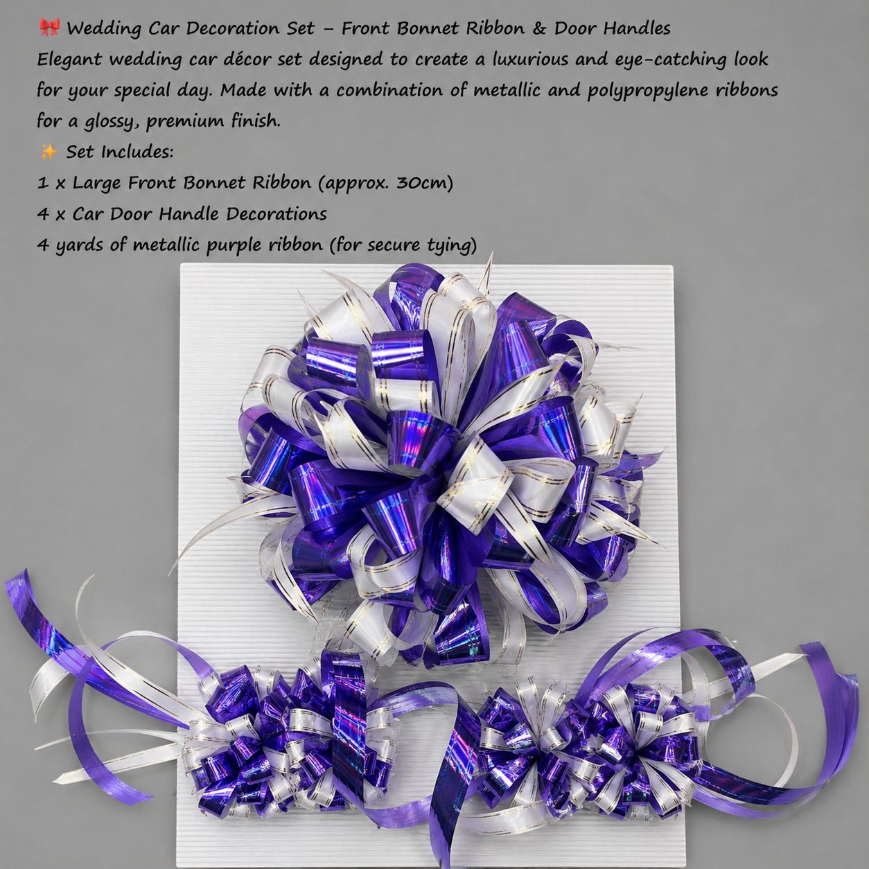 Wedding Car Decoration Set – Front Bonnet Ribbon & Door Handles