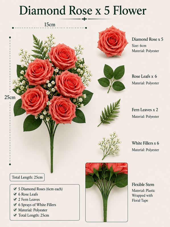 Orange artificial flower roses, five-piece bouquet by Alton Flowers, with realistic diamond accents for decorative display