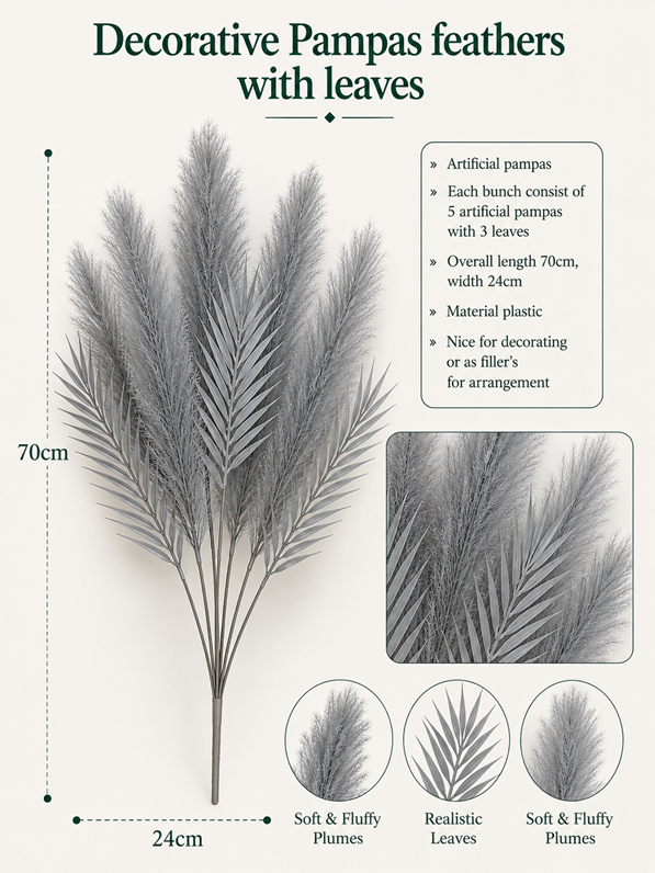 Gray decorative pampas feather fillers with leaves and flowers from Alton Flowers, perfect for floral arrangements and home decor.