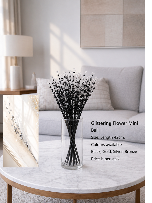 Black flower-themed glittering style faux accessory by Alton Flowers, featuring intricate floral design and sparkling details.