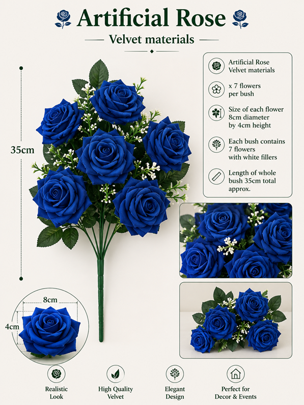 Blue artificial rose flower made of velvet material by Alton Flowers, showcasing realistic petals and lush bloom.