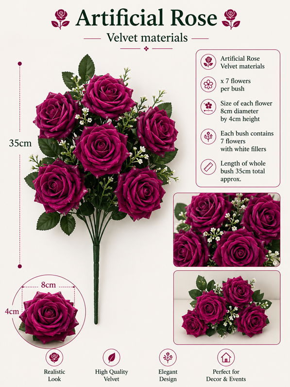 Maroon artificial flower rose made of velvet material by Alton Flowers, showcasing detailed petals and realistic appearance.