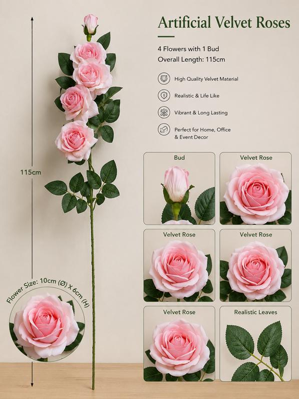 Pink velvet artificial roses with one bud, four full flowers, by Alton Flowers, showcasing soft petals and realistic floral detail.