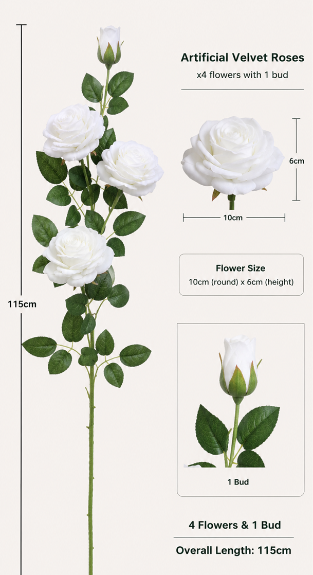 White artificial roses with velvet petals, set of four flowers and one bud, by Alton Flowers.