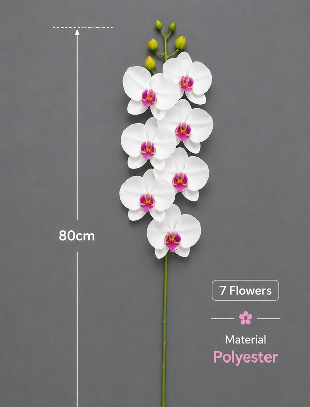 Artificial Alton Flowers Cybidium orchid stalk with seven flower heads in white and pink, realistic floral decor.
