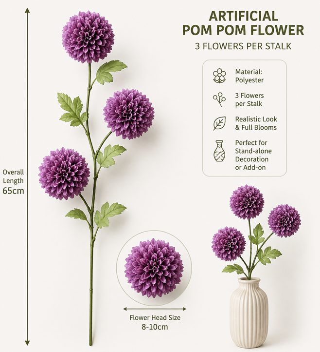Artificial flower pom-pom arrangement by Alton Flowers, colorful decorative faux floral decor for home or office.