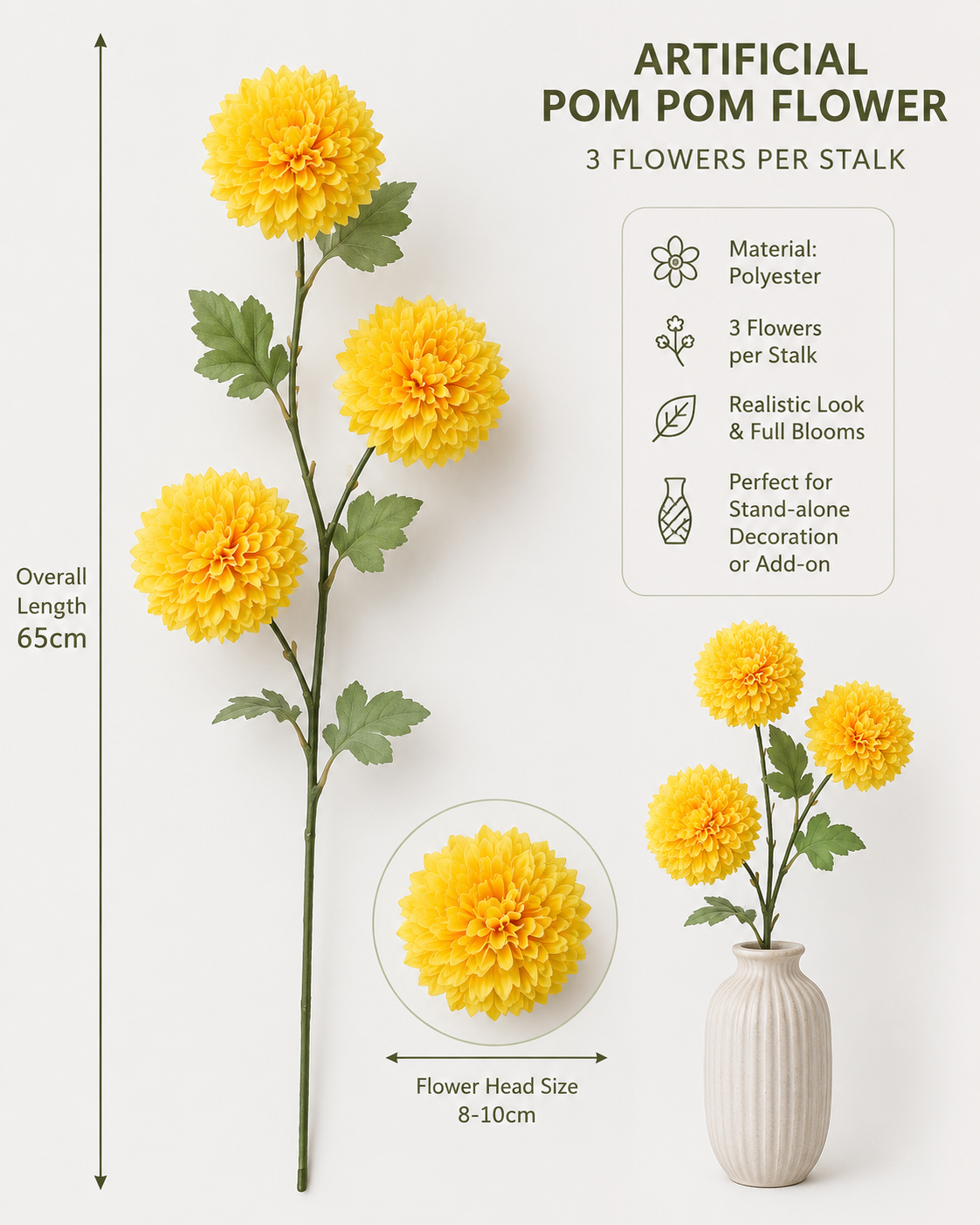 Yellow artificial flower pom-pom arrangement by Alton Flowers, decorative faux floral décor for home or event display.