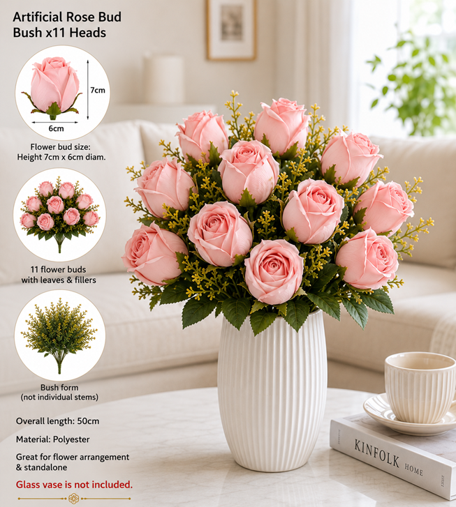 Artificial rose buds bush with 11 polyester flower heads from Alton Flowers, showcasing delicate pink rose blossoms.