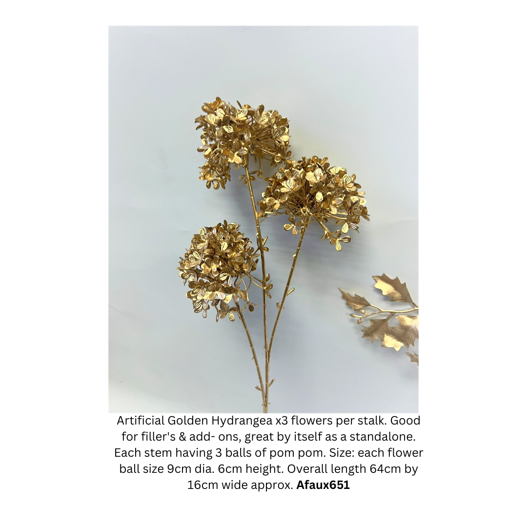 Artificial gold leaves and metallic flowers for home and event decoration, showcasing shiny gold foliage and elegant floral accents.