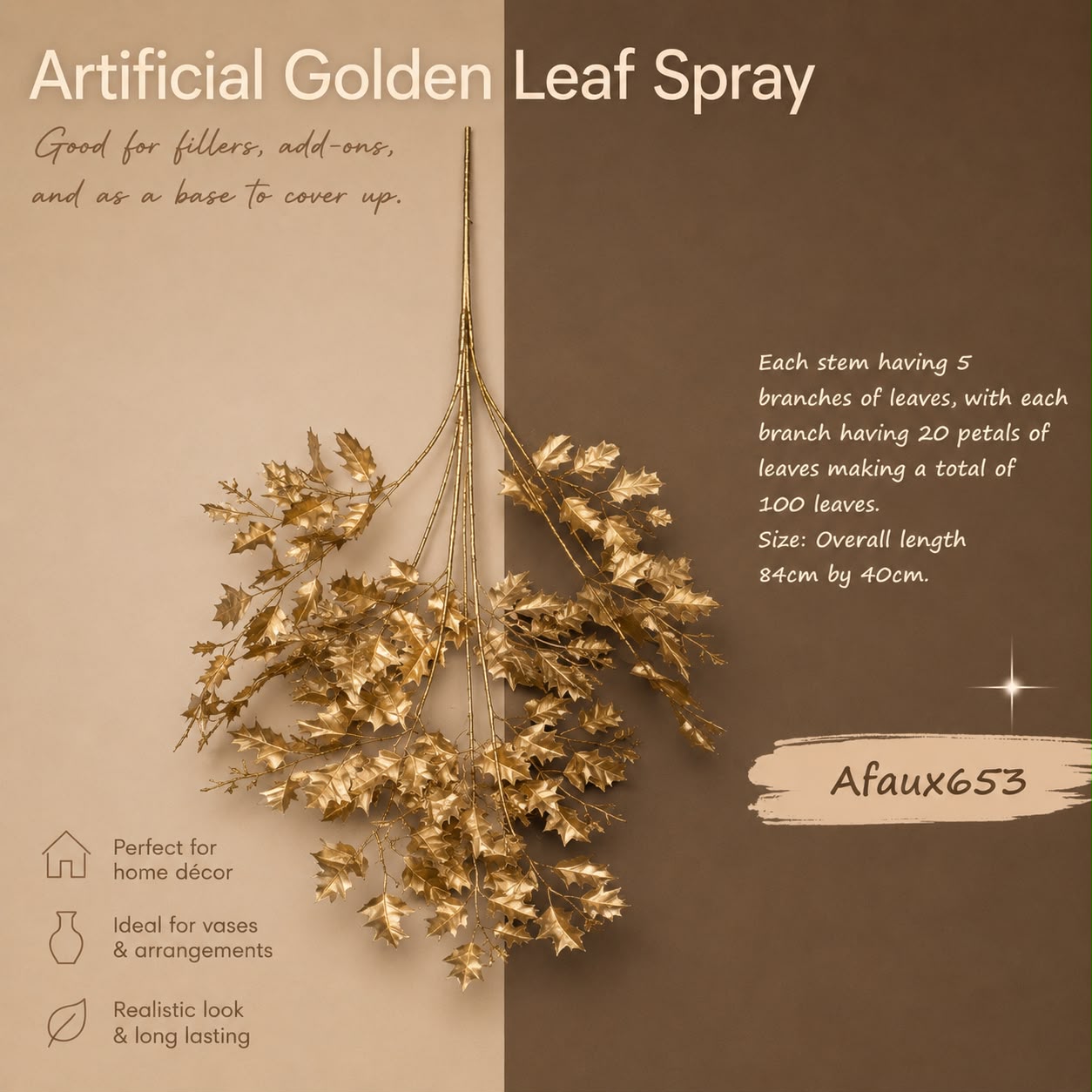 Artificial gold leaves and metallic flowers for home and event decoration by Alton Flowers N Gifts.