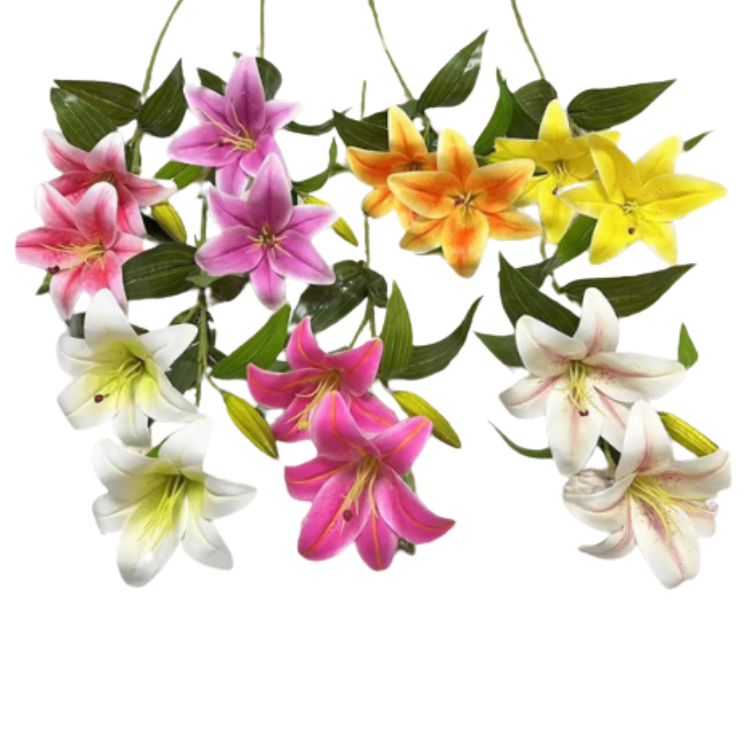 Two artificial tiger lily flowers with a bud from Alton Flowers, perfect for home decor, weddings, and event flower arrangements.