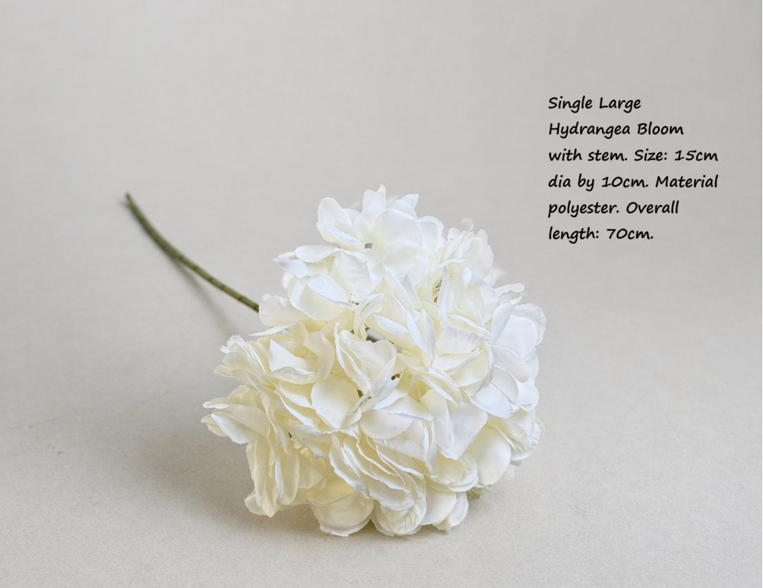 Artificial hydrangea stem with lush blooms in white, featuring realistic petals and green foliage, perfect for floral arrangements.