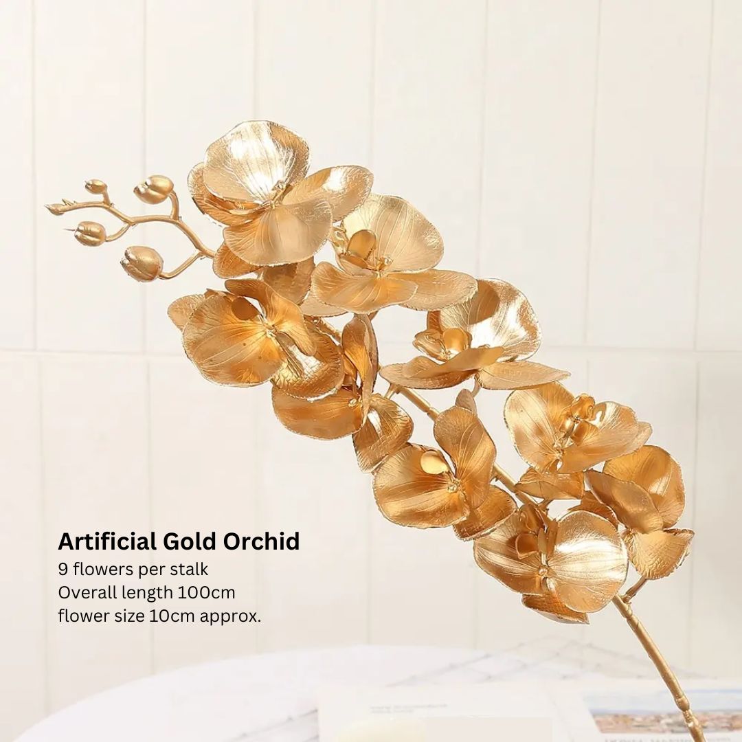 Artificial gold leaves and metallic flowers for home and event decoration, featuring gold foliage and elegant metallic floral accents.