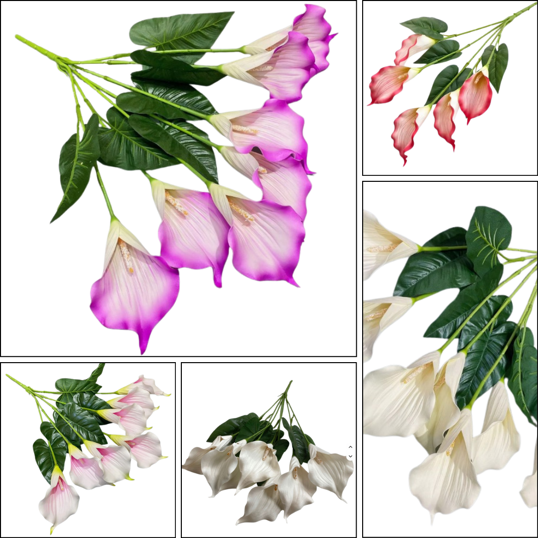 Collage of different colored flower bouquets with green leaves on a white background.