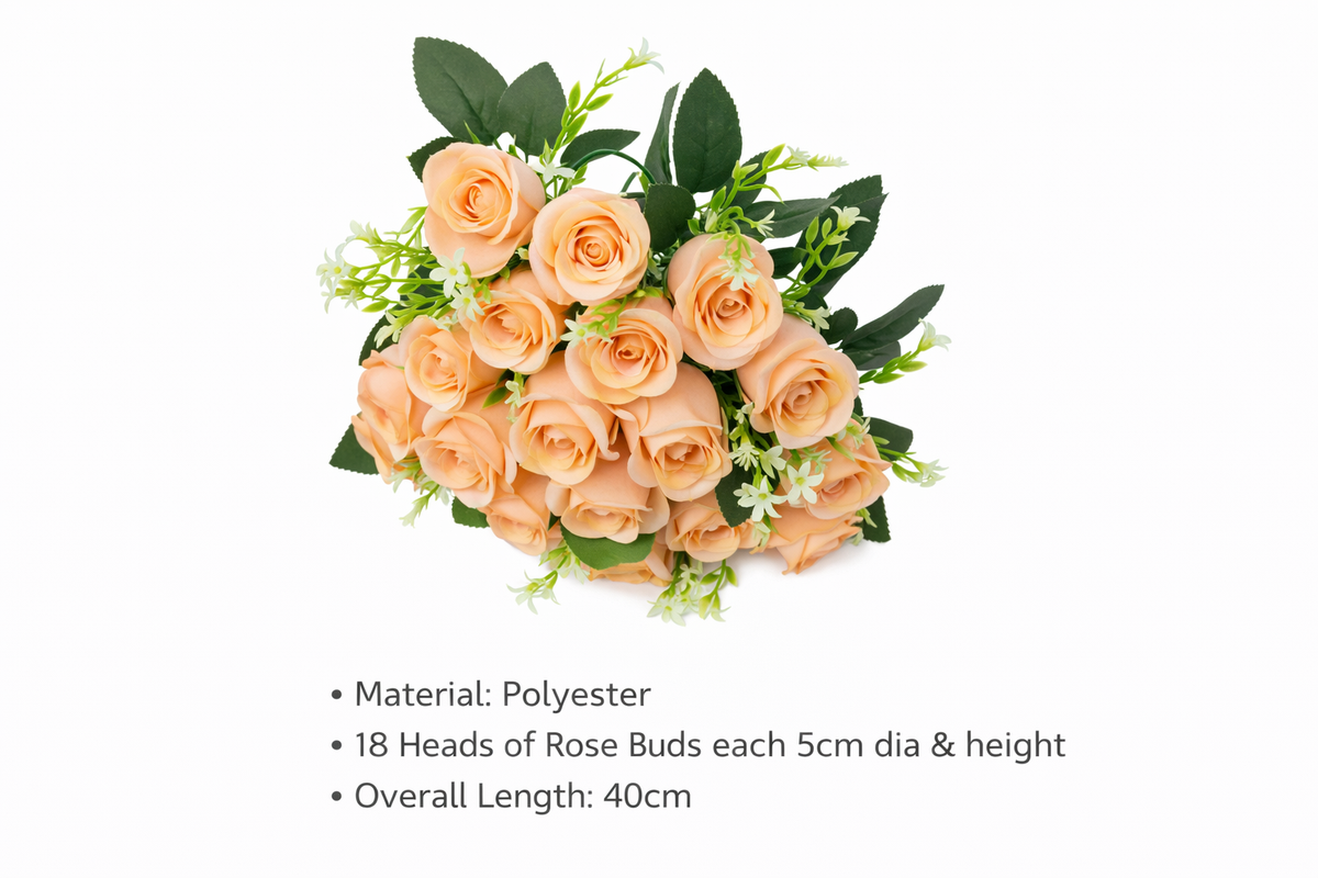 Artificial rose bouquet with 18 polyester buds arranged in a lush floral display by Alton Flowers.