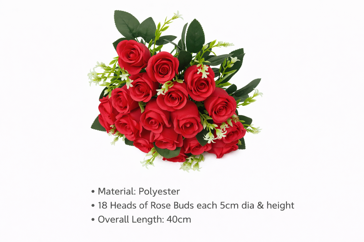 Artificial rose bouquet with 18 polyester roses arranged on a bush, perfect for decorative floral arrangements.
